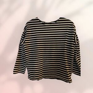 Everlane Black and White Striped Blouse with Shoulder Zipper Detail, Size Small